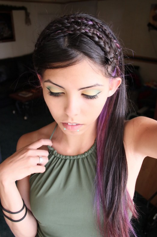Brunette Hair With Purple Highlights - Cute Braided Long Hairstyle for ...