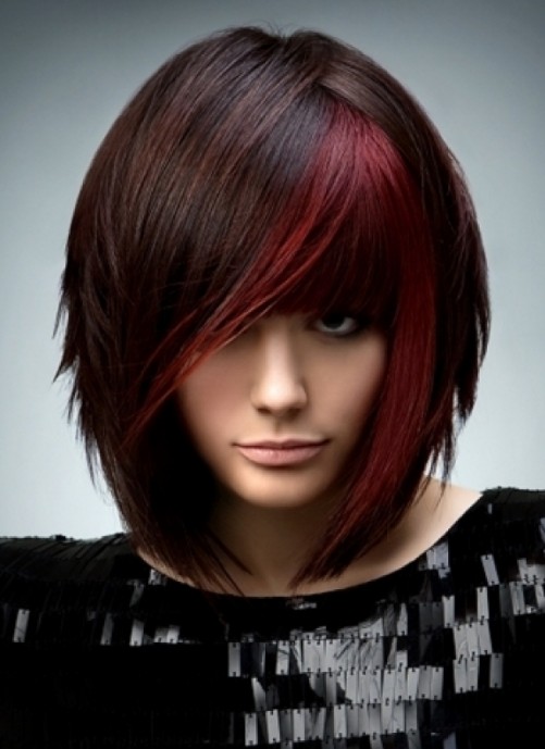 Brunette With Red Highlights - Short Straight Bob Haircut with Red Highlights
