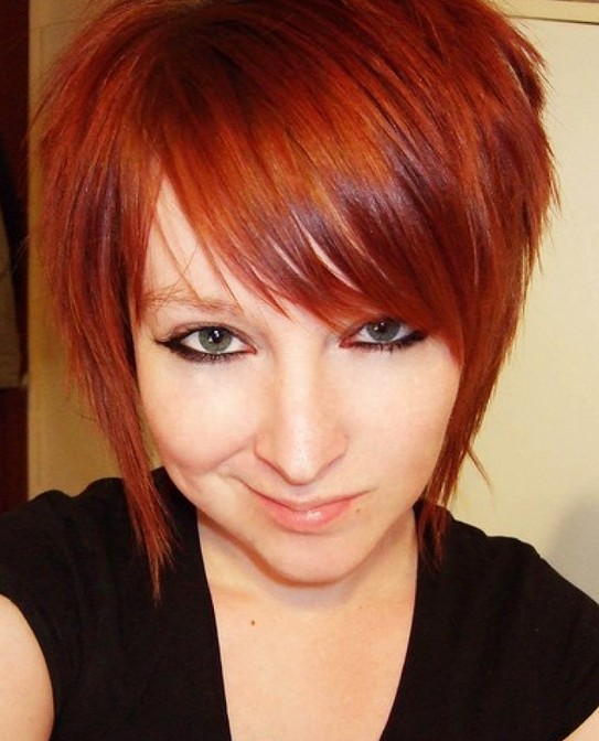2014 Short Red Hairstyle with Side Swept Bangs for Girls
