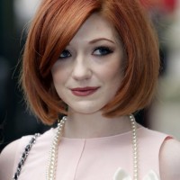 Chic Short Copper Bob Haircut with Side Sweep Bangs - Nicola Roberts Haircuts