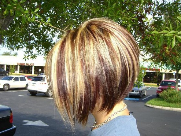 Inverted Bob Haircut with Red Blonde & Brown Highlights