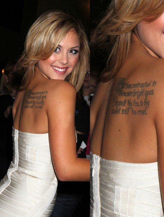 Brittney Palmer' Tattoos - Lettering Tattoo on Upper Back