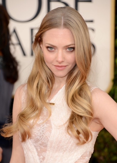 Amanda Seyfried Center Parted Long Wavy Blond Hairstyle