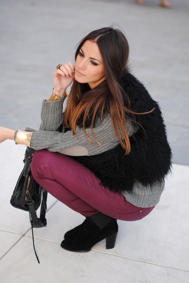 Grey Sweater with Burgundy Pants