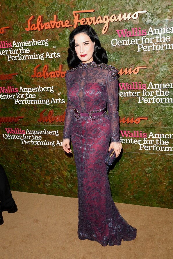 Dita Von Teese: Purple Lace Carolina Herrera Featuring Evening Dress Beaded Shoulder Accents