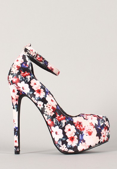 Side View of the Floral Ankle Strap Almond Toe Stiletto Pump