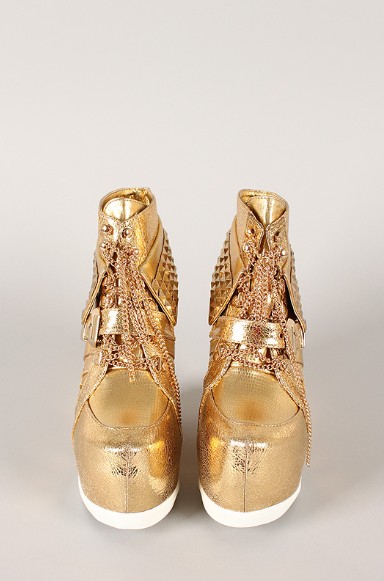 Front View of the Metallic Studded Pyramid Chain Lace Up Wedge Sneaker