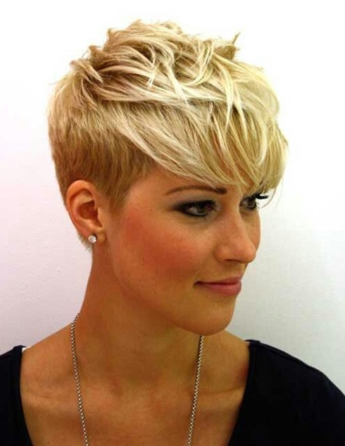 Hairstyle for 2014: Trendy Short Blonde Pixie Cut with Bangs for Women