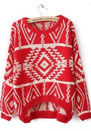 Long Sleeve Red Geometric Pullovers Sweater