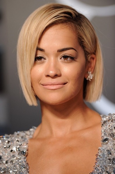 Rita Ora Short hairstyles: Sleek Blonde Bob with Side Swept Fringe