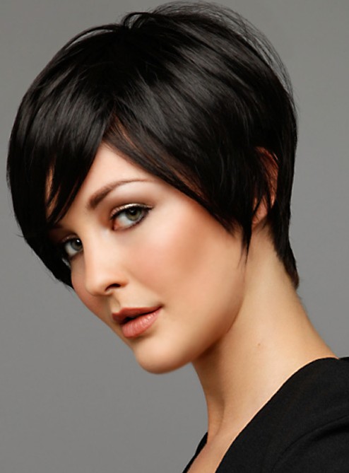 Short Black Haircut with Side Swept Bangs 