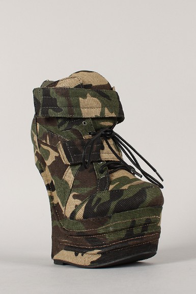 Side View of the Camouflage Lace Up Heel Less Curved Wedge Sneaker