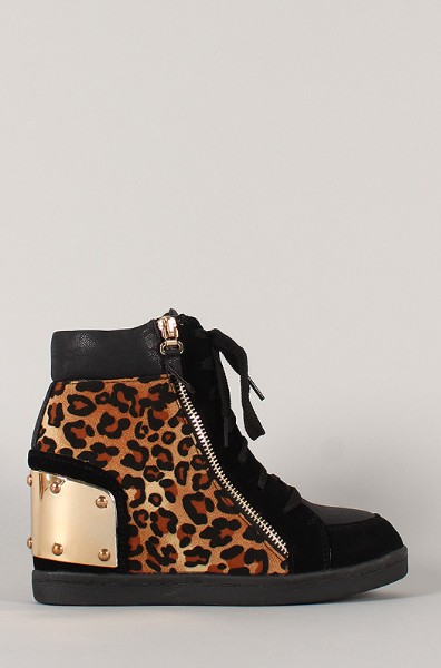 Side View of the Leopard Zipper High Top Wedge Sneaker