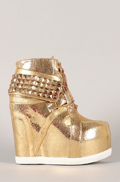 Side View of the Metallic Studded Pyramid Chain Lace Up Wedge Sneaker