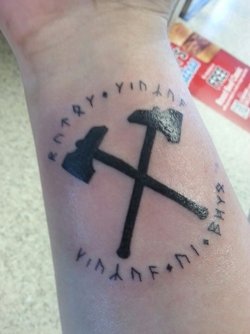 Cool Double Axes with Letters on Wrist - Cute tribal Tattoos