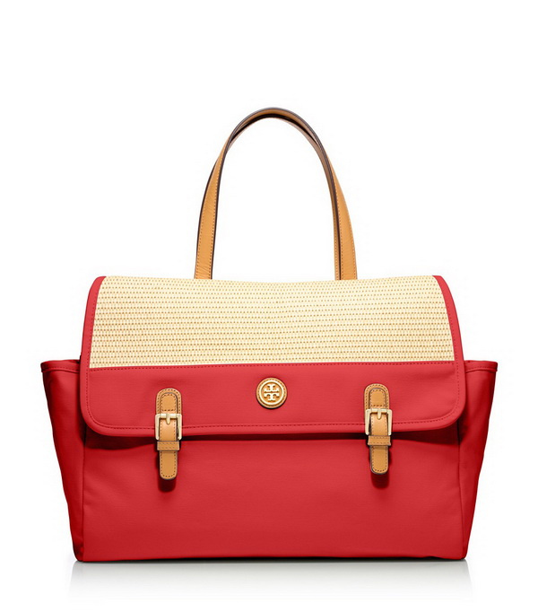 red tote with buckles