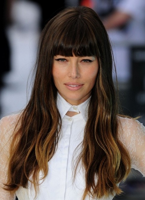 2014 Jessica Biel Hairstyles: Long Hairstyle with Blunt Bangs