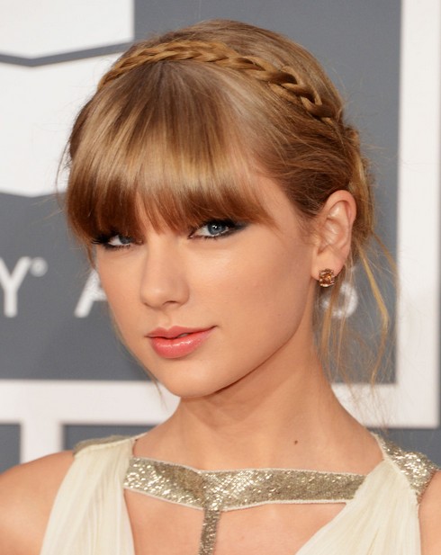 2014 Taylor Swift Hairstyles: Braided Updo with Bangs