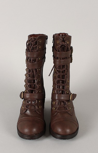 Bamboo Quentin-10 Buckle Lace Up Mid Calf Boot