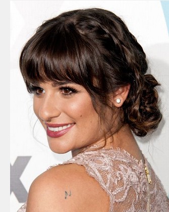 Braided Party Hairstyle with Full Bangs for Brunette Hair