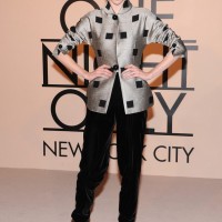 Coco Rocha Classy Silver Armani Jacket with Black Square Accents