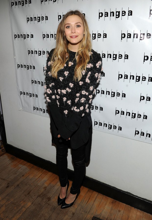 Elizabeth Olsen Embellished Chloe Crewneck Sweater with a High-low Hem