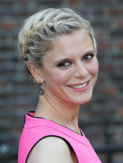 Emilia Fox Long Hairstyles: 2014 Updo Hairstyle with Braided Bangs