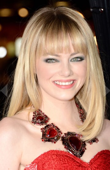 Emma Stone Medium Straight Hairstyle with Blunt Bangs