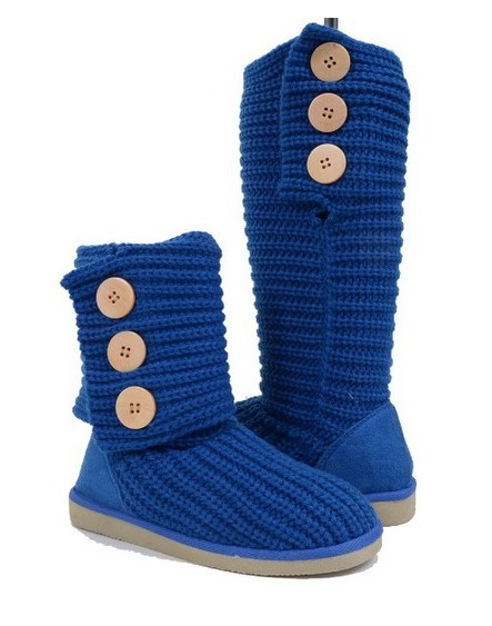 Fold-over Crochet Slouchy Knit Sweater Button Flat Boot Blue