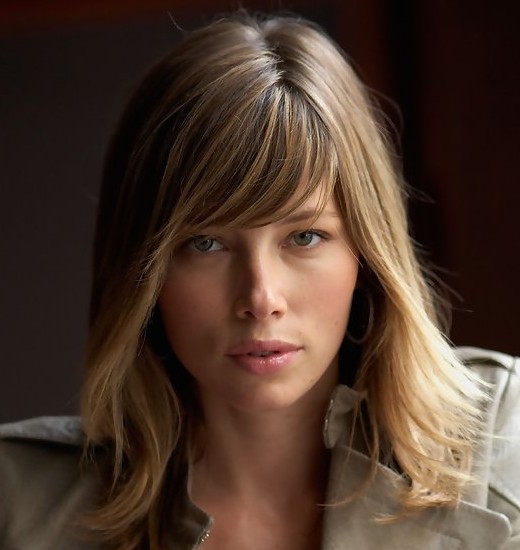 Jessica Biel Medium Length Hairstyle: Straight Haircut with Swept Bangs
