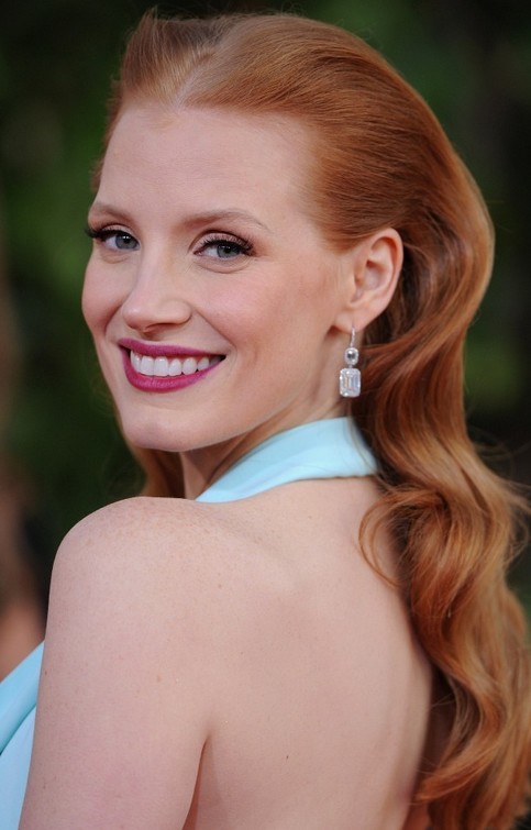 Jessica Chastain Long Hairstyle: Curls with Center Part