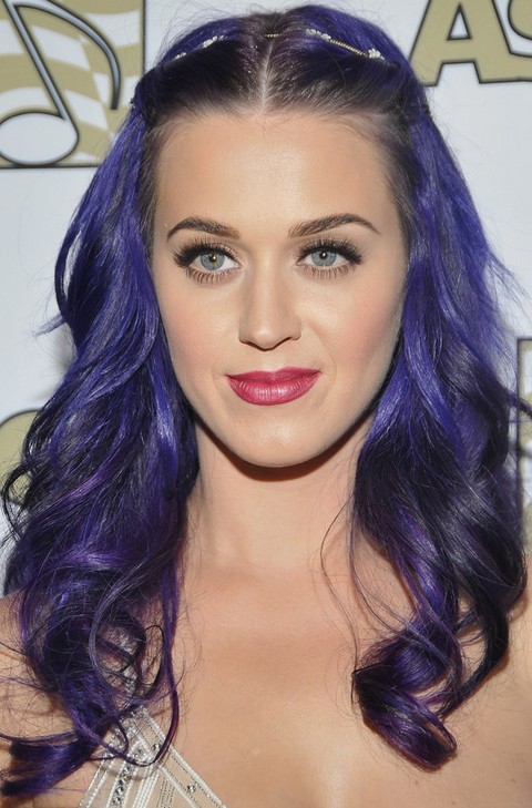 Kat Perry Hairstyles: Center-parted Purple Curls
