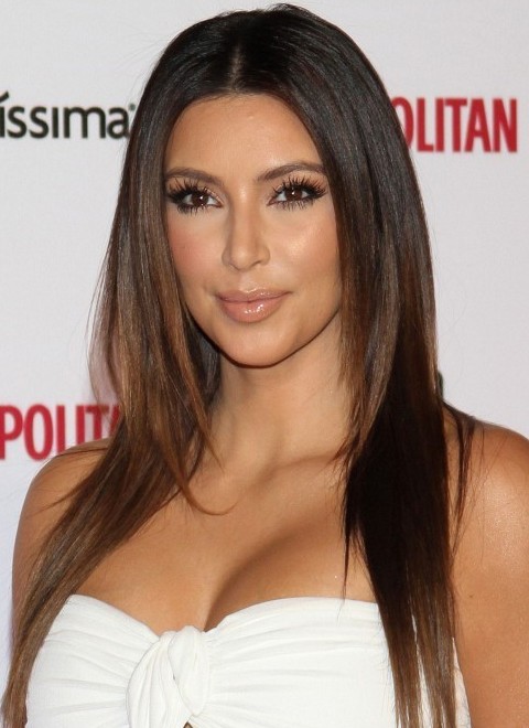 Kim Kardashian Hairstyles: Center-parted Layered Haircut