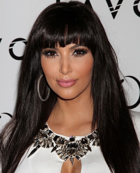 Kim Kardashian Long Hairstyles: Cute Straight Haircut with Blunt Bangs