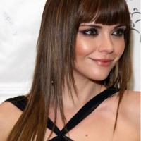 Long Straight Brunette Chopped Hair with Blunt Bangs