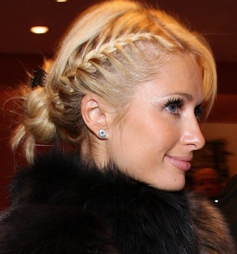 Paris Hilton Hairstyles: Side-parted Braided Updo