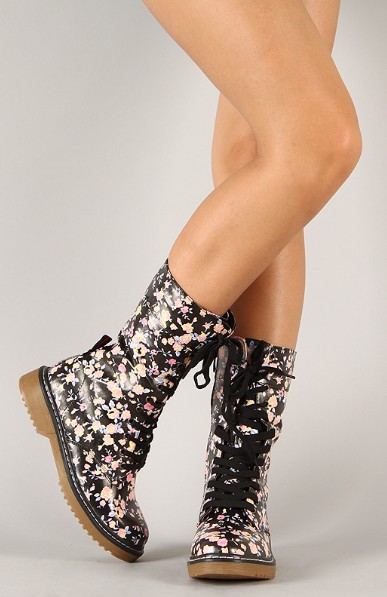 Pensky-2 Floral Print Lace Up Military Mid Calf Boot