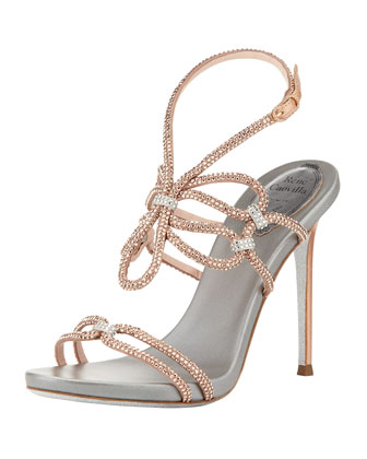 Rene Caovilla Crystal High-Heel Ankle-Wrap Sandal, Rose Gold Silver