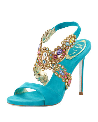 Rene Caovilla Jeweled Halter Platform Sandal, Turquoise Multi
