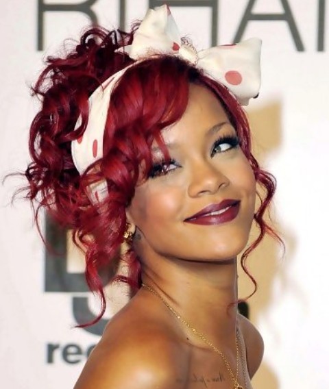 Rihanna Hairstyles: Burgandy Pinned Up Ringlets for Holidays
