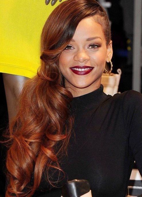 Rihanna Long Hairstyles: Red Curly Hair Style for 2014