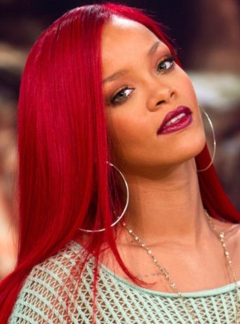 Rihanna Long Hairstyles: Stylish Scarlet Side-swept Haircut