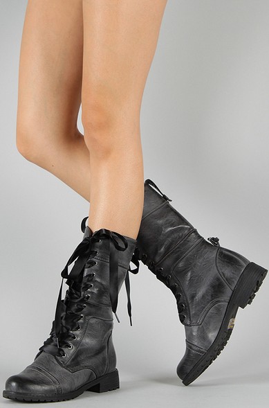 Wild Diva Timberly-43 Ribbon Lace Up Mid Calf Boot