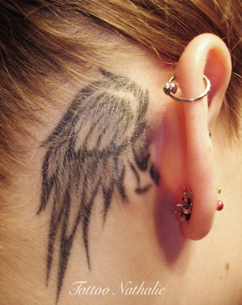 30 Angel Tattoos Designs: Cute Small Angel Wing Tattoo Behind Ear