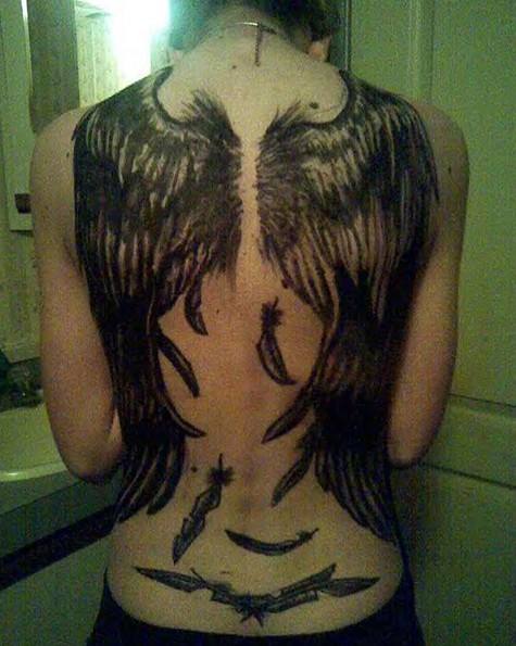 30 Angel Tattoos Designs: Fallen Angel Wings Tattoo on Back