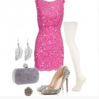 A Bright Pink Combination for New Year Look, Sequined Coset Dress with Sequined Pumps