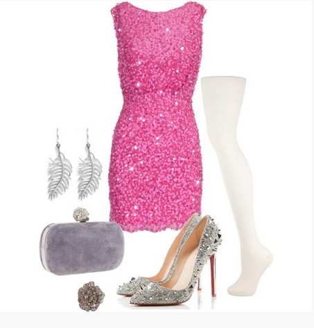 A Bright Pink Combination for New Year Look, Sequined Coset Dress with Sequined Pumps