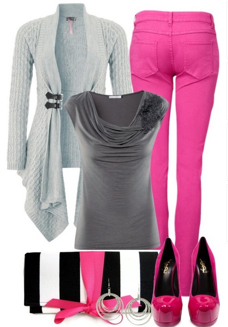 Casual styled cardigan, bright pink skinnies and pumps
