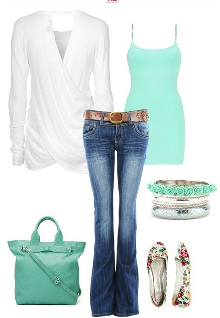 Casual styled white cardigan, Jeans., bright blue top and flats