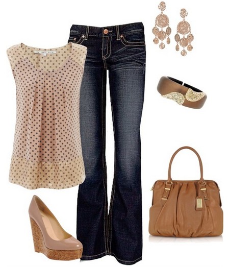 Polka-dot print top, bright and nude wedges